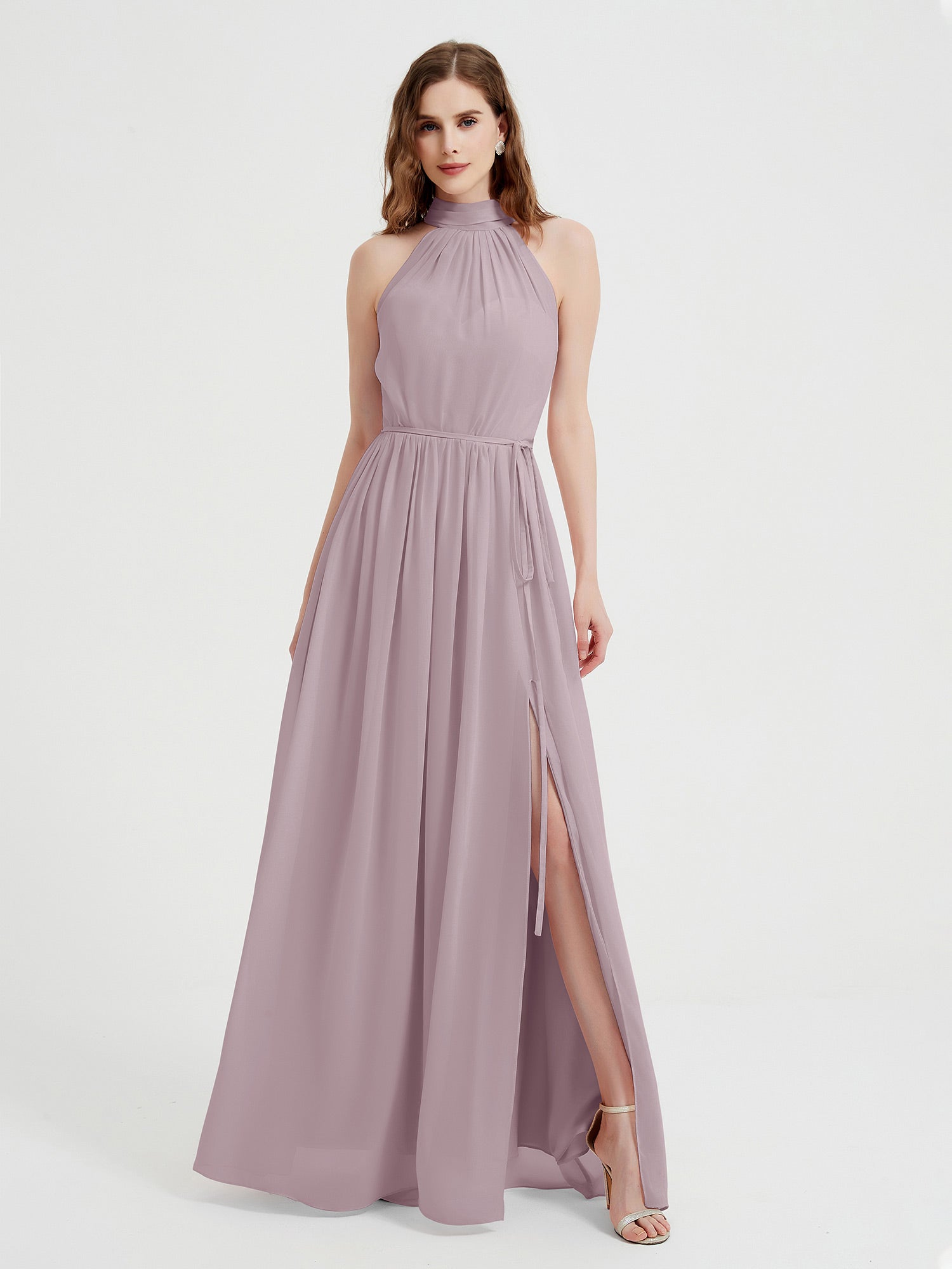 High Neck Full Length Dress with Slit Dusk